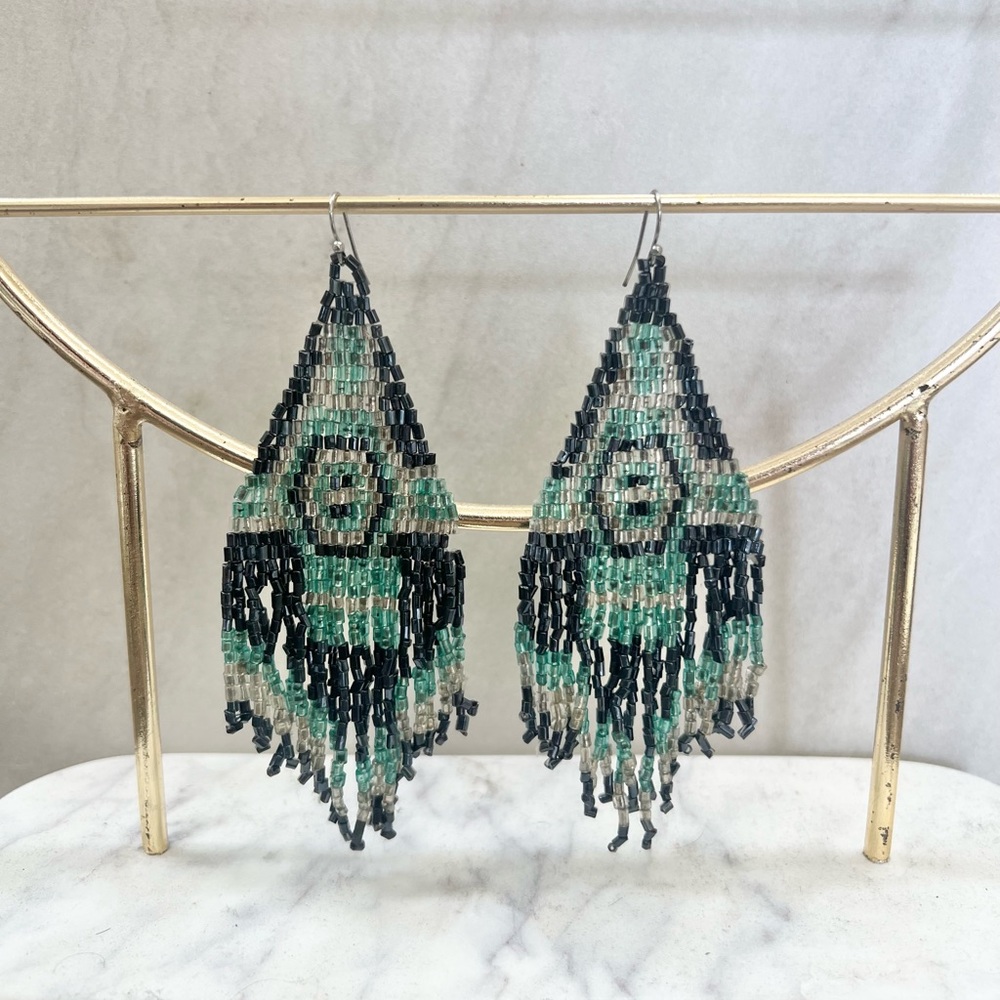 Handmade Turquoise Navy Silver Beaded Fringe Earrings Western Boho